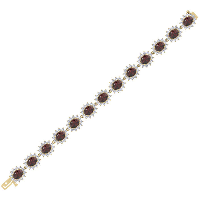Garnet Bracelet: Garnet Jewelry: 24 Carat Oval Shape Garnet and Halo Diamond Bracelet In 14 Karat Yellow Gold, 7 Inches