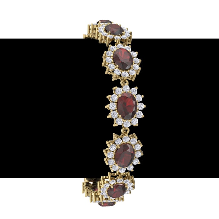 Garnet Bracelet: Garnet Jewelry: 24 Carat Oval Shape Garnet and Halo Diamond Bracelet In 14 Karat Yellow Gold, 7 Inches