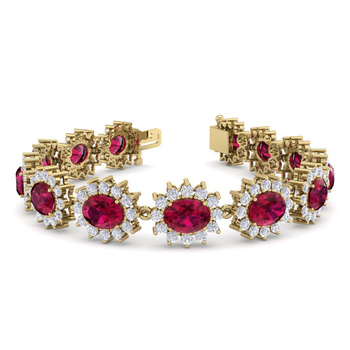 Retrograde Birthstones 25 Carat Oval Shape Ruby and Halo Diamond Bracelet In 14 Karat Yellow Gold 7 Inches