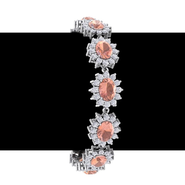 19 Carat Oval Shape Morganite Bracelet With Diamond Halo In 14 Karat White Gold, 7 Inches