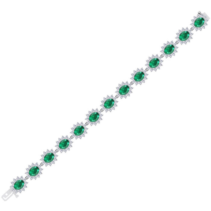 19 Carat Oval Shape Emerald and Halo Diamond Bracelet In 14 Karat White Gold, 7 Inches