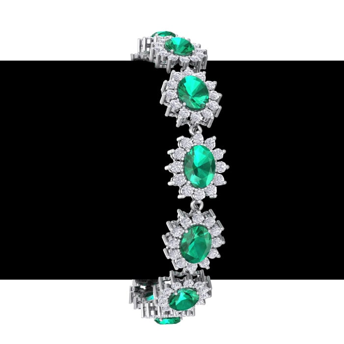 19 Carat Oval Shape Emerald and Halo Diamond Bracelet In 14 Karat White Gold, 7 Inches