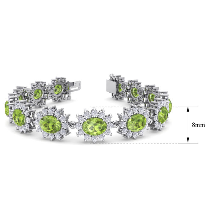 22 Carat Oval Shape Peridot and Halo Diamond Bracelet In 14 Karat White Gold, 7 Inches