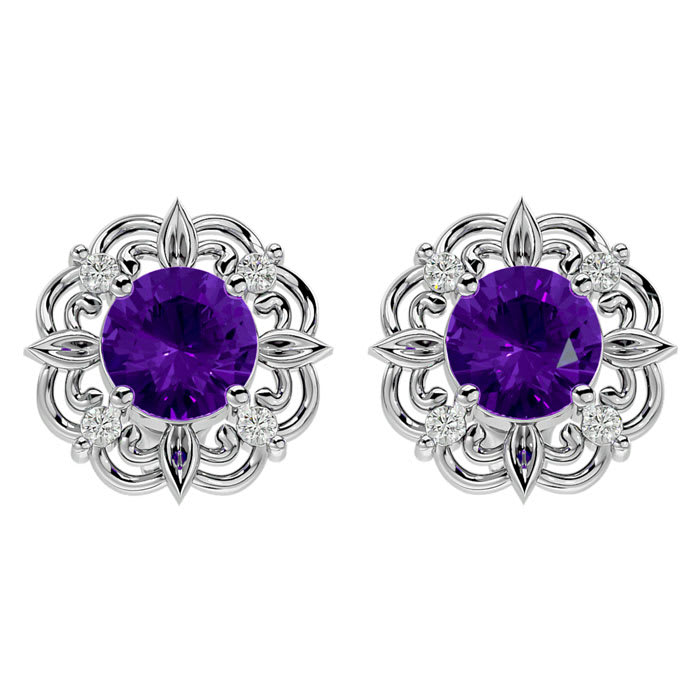 1 1/2 Carat Amethyst and Diamond Antique Stud Earrings In 14 Karat White Gold