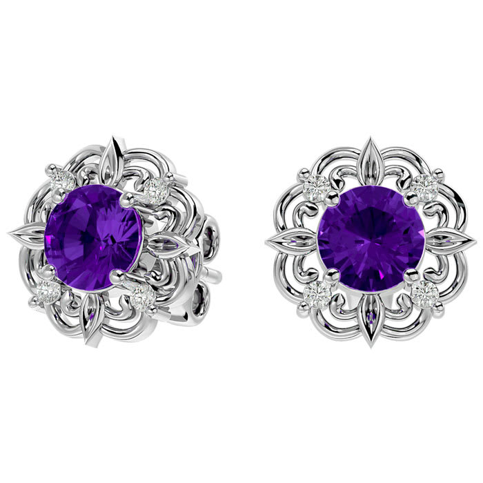 1 1/2 Carat Amethyst and Diamond Antique Stud Earrings In 14 Karat White Gold