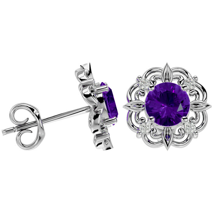 1 1/2 Carat Amethyst and Diamond Antique Stud Earrings In 14 Karat White Gold