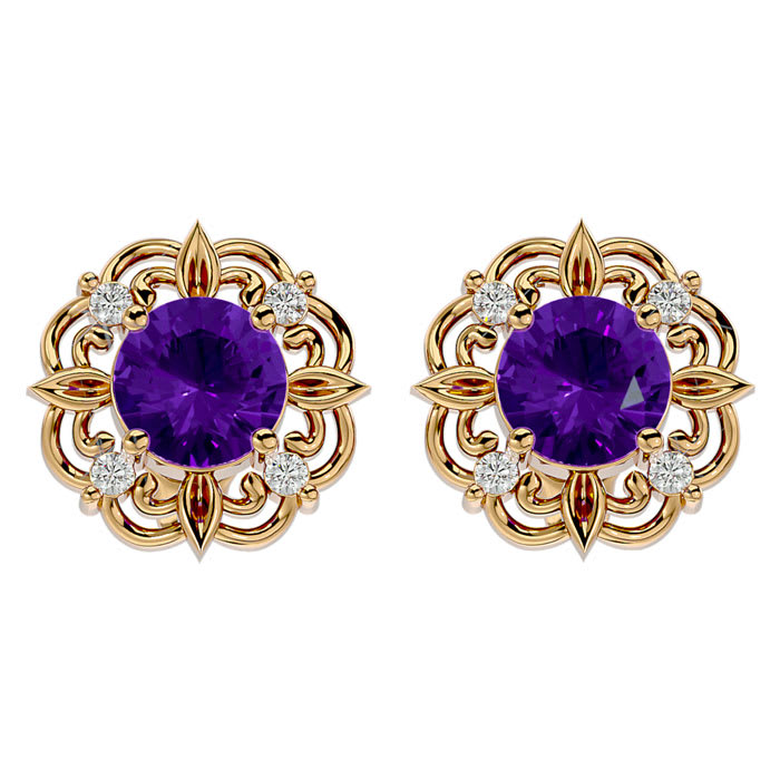 1 1/2 Carat Amethyst and Diamond Antique Stud Earrings In 14 Karat Yellow Gold