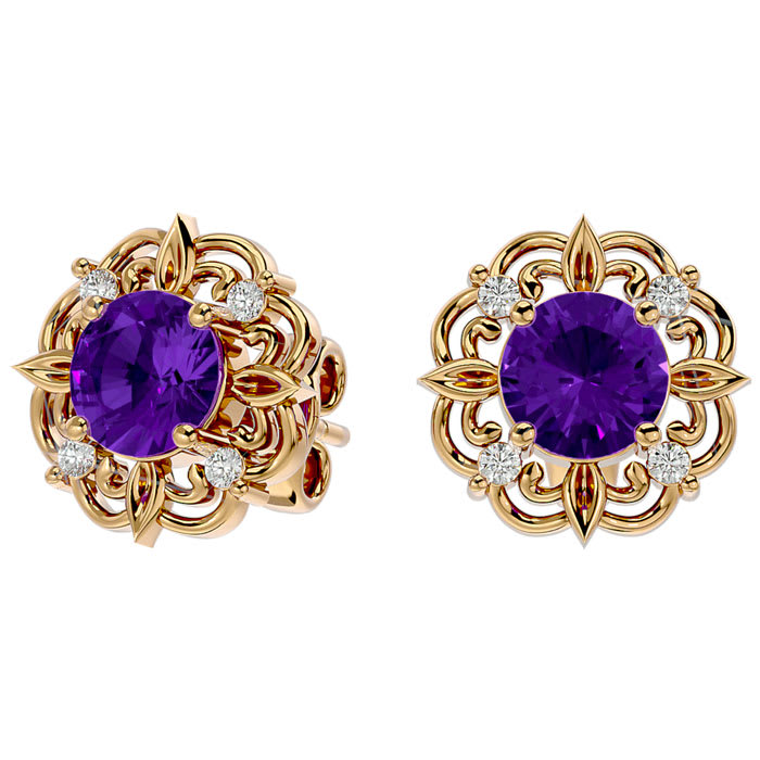 1 1/2 Carat Amethyst and Diamond Antique Stud Earrings In 14 Karat Yellow Gold