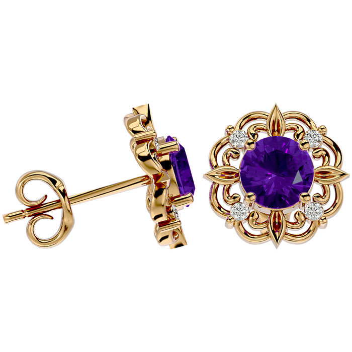 1 1/2 Carat Amethyst and Diamond Antique Stud Earrings In 14 Karat Yellow Gold