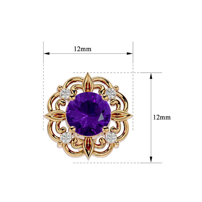 1 1/2 Carat Amethyst and Diamond Antique Stud Earrings In 14 Karat Yellow Gold