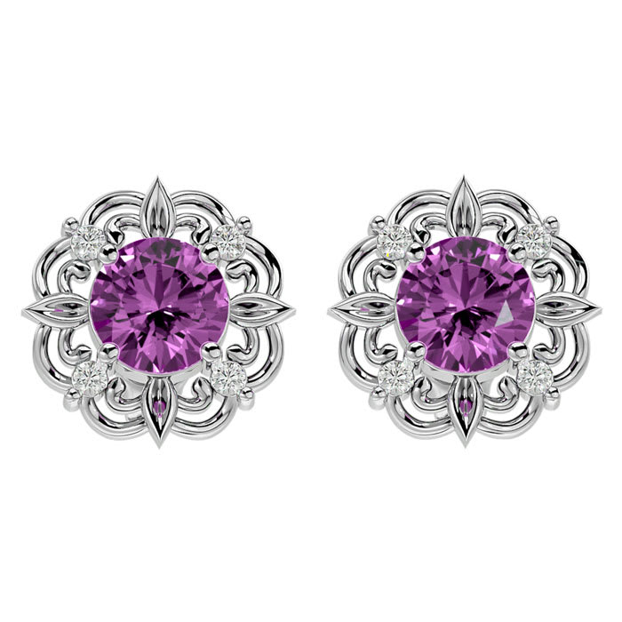 2 1/10 Carat Pink Topaz and Diamond Antique Stud Earrings In 14 Karat White Gold