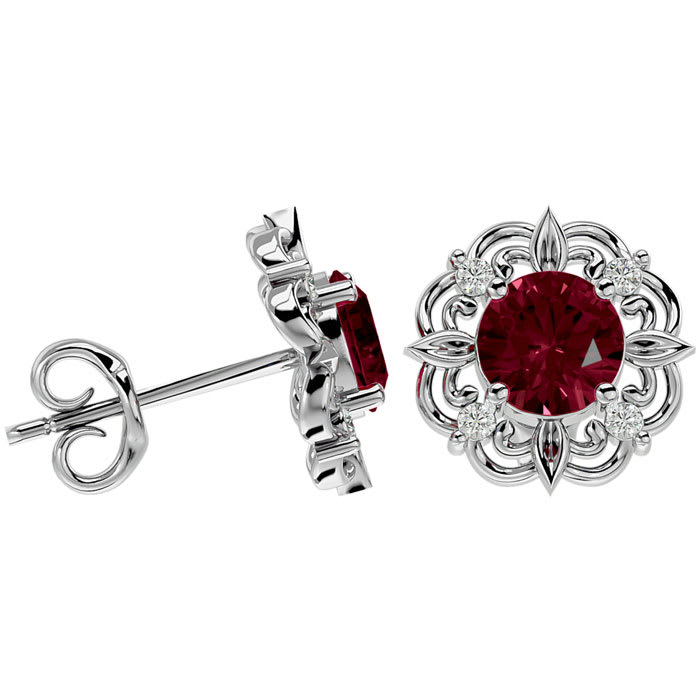 Garnet Earrings: Garnet Jewelry: 2 1/10 Carat Garnet and Diamond Antique Stud Earrings In 14 Karat White Gold