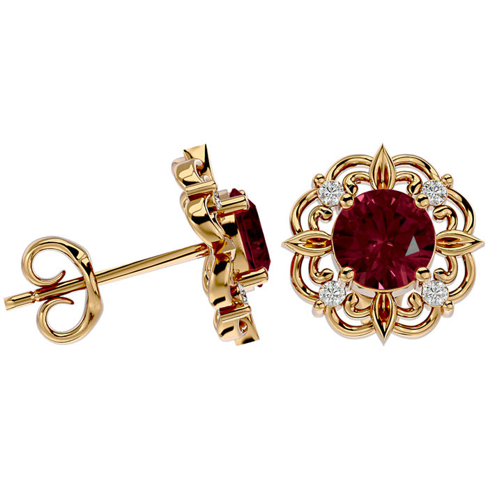 Garnet Earrings: Garnet Jewelry: 2 1/10 Carat Garnet and Diamond Antique Stud Earrings In 14 Karat Yellow Gold