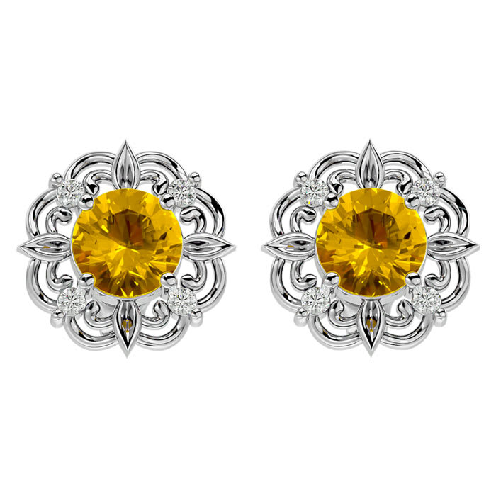 1 1/2 Carat Citrine and Diamond Antique Stud Earrings In 14 Karat White Gold