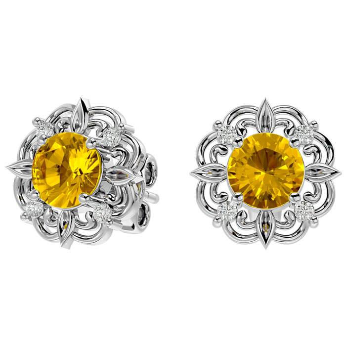 1 1/2 Carat Citrine and Diamond Antique Stud Earrings In 14 Karat White Gold