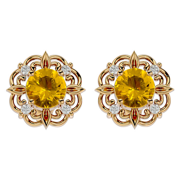 1 1/2 Carat Citrine and Diamond Antique Stud Earrings In 14 Karat Yellow Gold