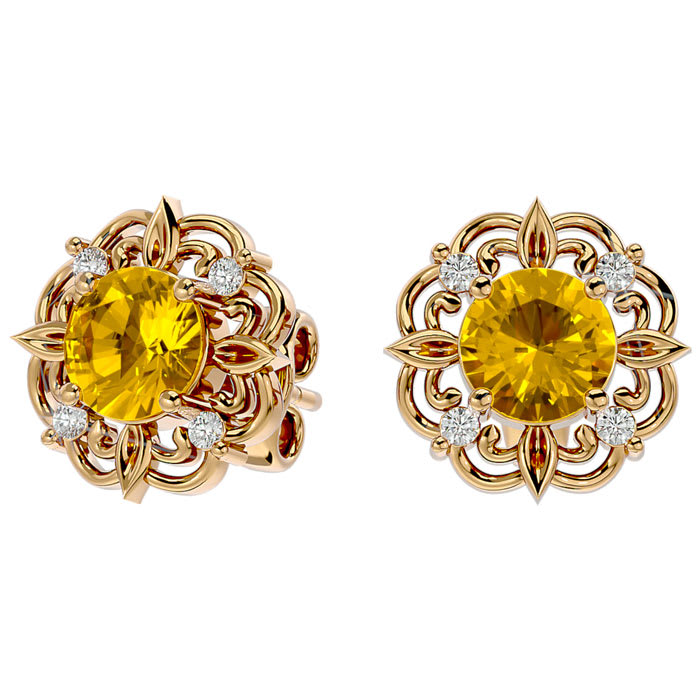 1 1/2 Carat Citrine and Diamond Antique Stud Earrings In 14 Karat Yellow Gold