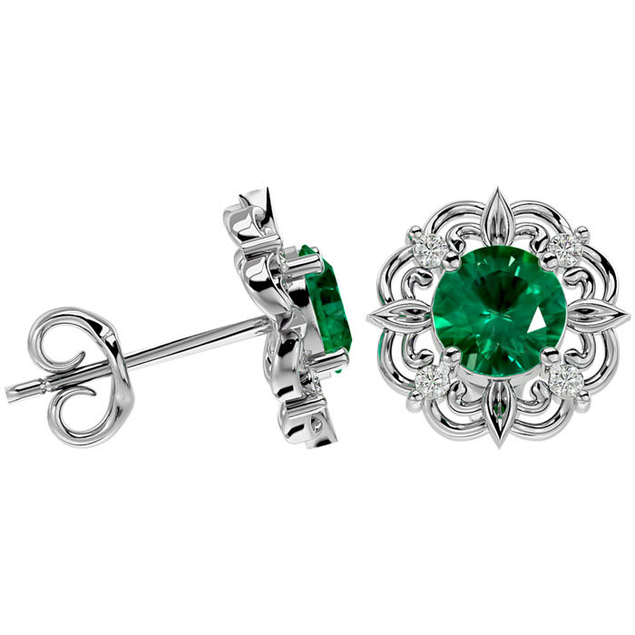 1 3/4 Carat Emerald and Diamond Antique Stud Earrings In 14 Karat White Gold