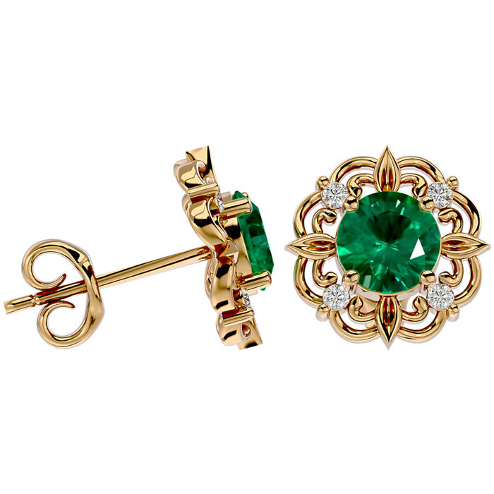 1 3/4 Carat Emerald and Diamond Antique Stud Earrings In 14 Karat Yellow Gold