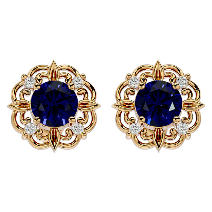 2 1/5 Carat Sapphire and Diamond Antique Stud Earrings In 14 Karat Yellow Gold