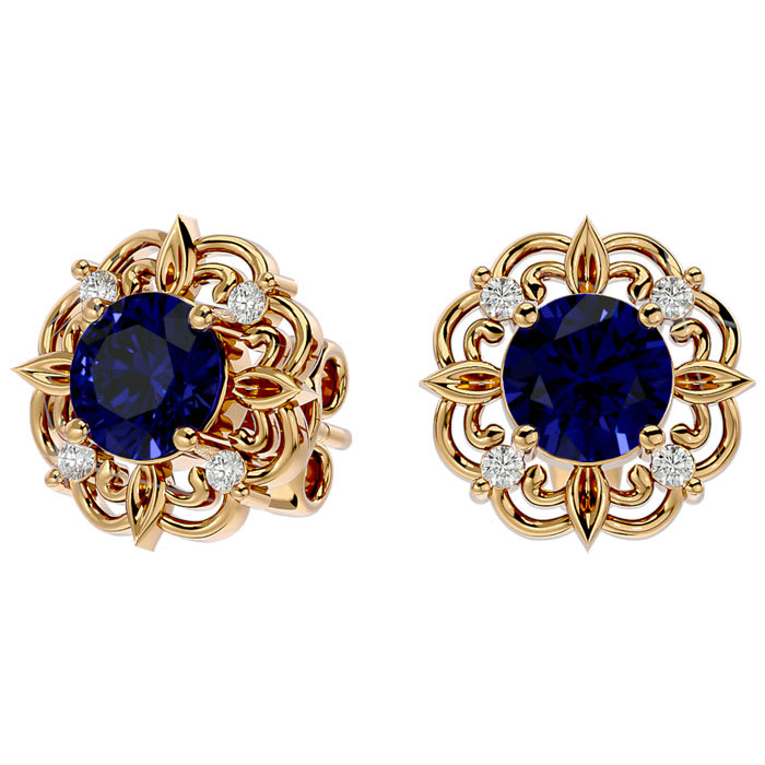 2 1/5 Carat Sapphire and Diamond Antique Stud Earrings In 14 Karat Yellow Gold