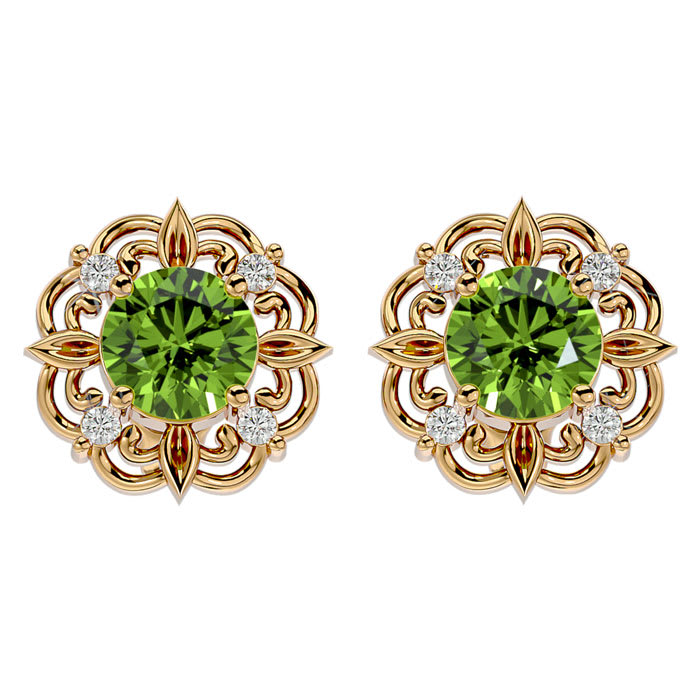 1 3/4 Carat Peridot and Diamond Antique Stud Earrings In 14 Karat Yellow Gold