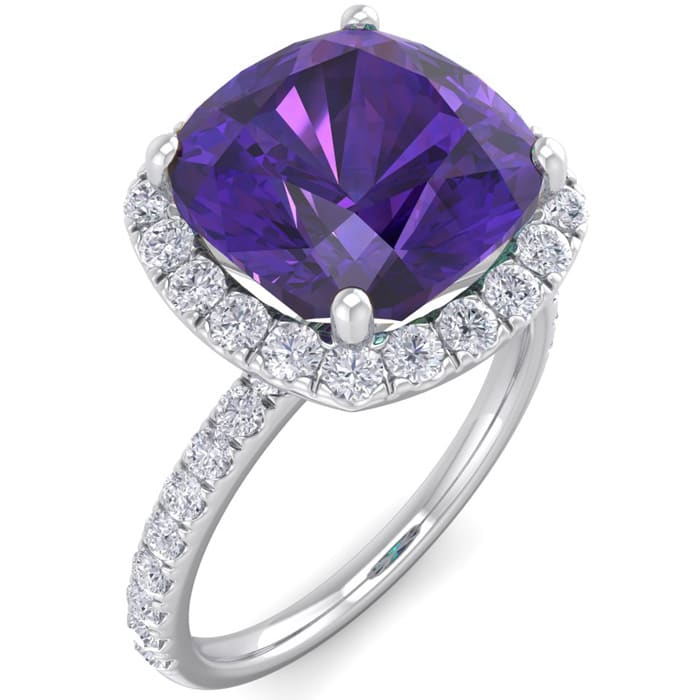 Amethyst Ring: 5 1/2 Carat Cushion Cut Amethyst and Halo Diamond Ring In Sterling Silver
