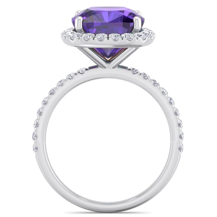 Amethyst Ring: 5 1/2 Carat Cushion Cut Amethyst and Halo Diamond Ring In Sterling Silver