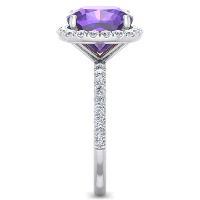 Amethyst Ring: 5 1/2 Carat Cushion Cut Amethyst and Halo Diamond Ring In Sterling Silver
