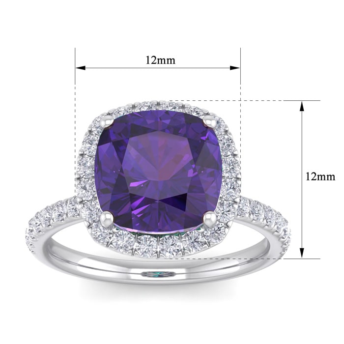 Amethyst Ring: 5 1/2 Carat Cushion Cut Amethyst and Halo Diamond Ring In Sterling Silver
