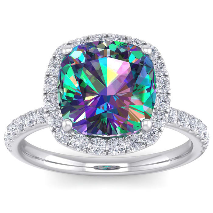 Retrograde Birthstones 5 1 2 Carat Cushion Cut Mystic Topaz and Halo Diamond Ring In Sterling Silver
