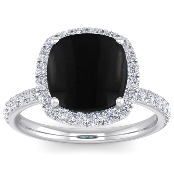 Black Onyx Ring: 5 1/2 Carat Cushion Cut Black Onyx and Halo Diamond Ring In Sterling Silver
