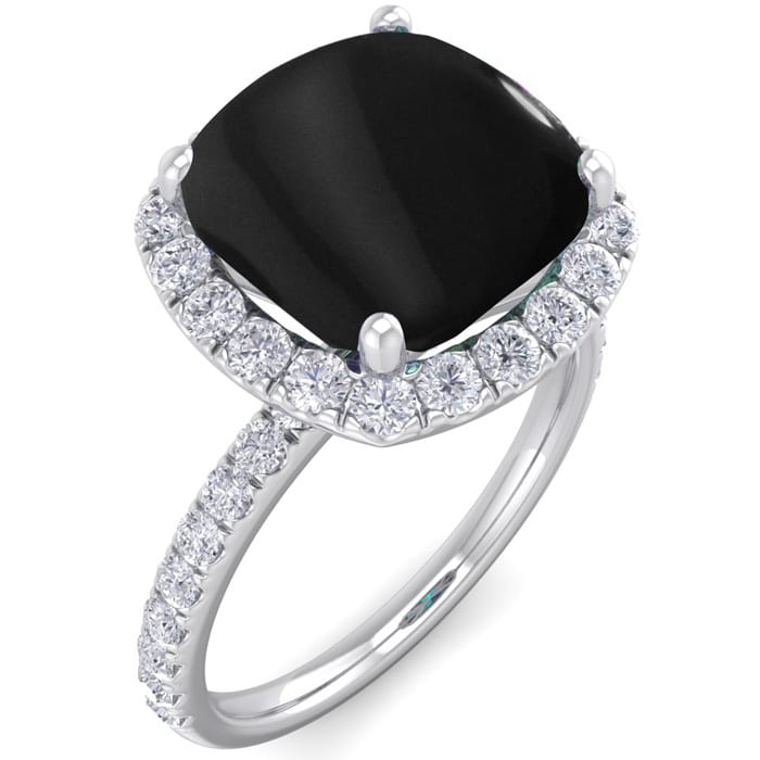 Black Onyx Ring: 5 1/2 Carat Cushion Cut Black Onyx and Halo Diamond Ring In Sterling Silver