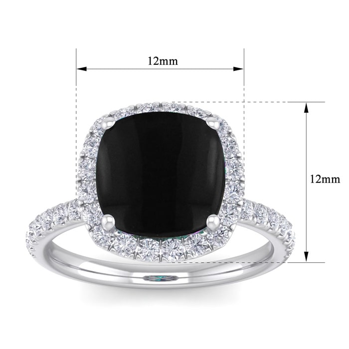 Black Onyx Ring: 5 1/2 Carat Cushion Cut Black Onyx and Halo Diamond Ring In Sterling Silver