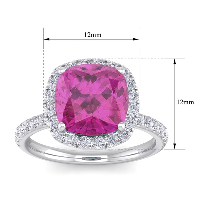 Pink Sapphire Ring: 5 1/2 Carat Cushion Cut Created Pink Sapphire and Halo Diamond Ring In Sterling Silver
