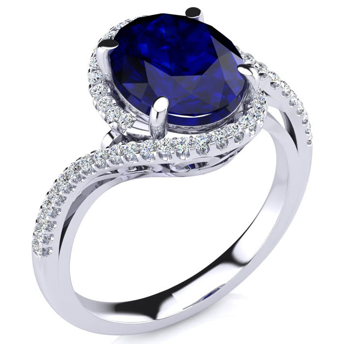 Sapphire Ring: 2 3/4 Carat Oval Shape Sapphire and Halo Diamond Ring In Sterling Silver