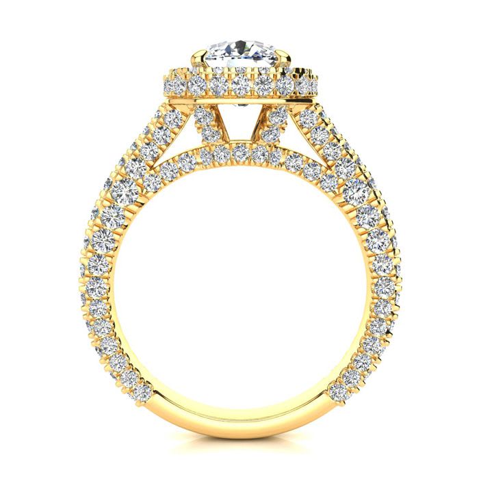 3 1/2 Carat Cushion Cut Lab Grown Diamond Halo Engagement Ring In 14K Yellow Gold