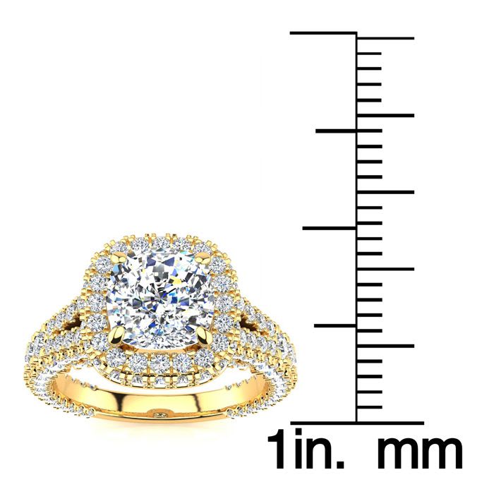 3 1/2 Carat Cushion Cut Lab Grown Diamond Halo Engagement Ring In 14K Yellow Gold
