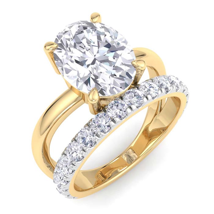 3 1/2 Carat Oval Shape Lab Grown Diamond Halo Engagement Ring Plus Band In 14K Yellow Gold