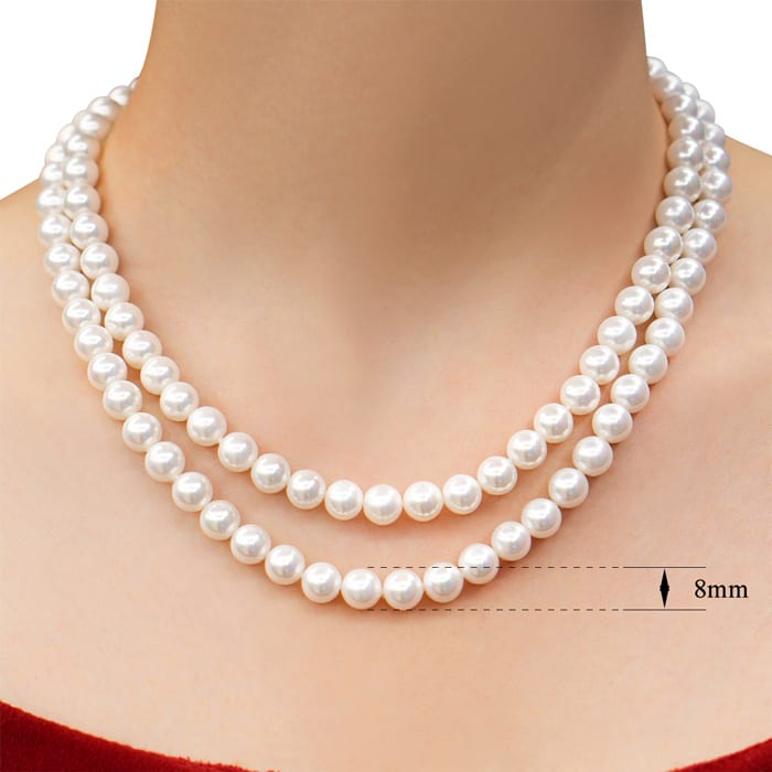 18 Inch 8mm Double Strand Glass Pearl Necklace, Fancy Clasp