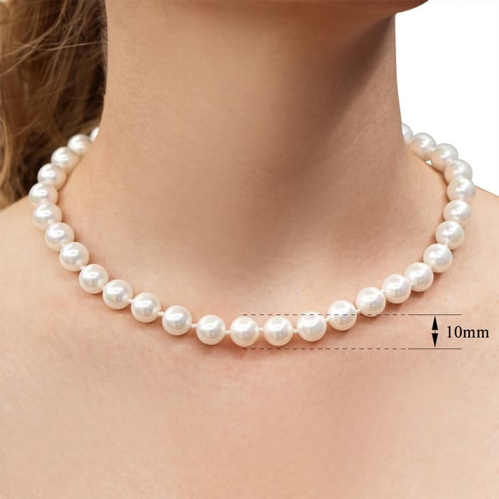 16 Inch 10mm Glass Pearl Strand Necklace, Lobster-Claw Clasp