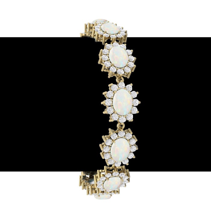 Opal Bracelet With 14 1/4 Carats of Oval Shape Opals and Diamonds In 14 Karat Yellow Gold, 7 Inches