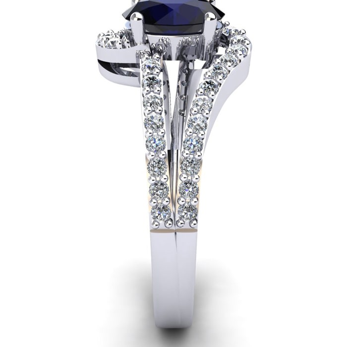 Sapphire Ring: 1.40 Carat Oval Shape Blue Sapphire and Fancy Diamond Ring In Sterling Silver