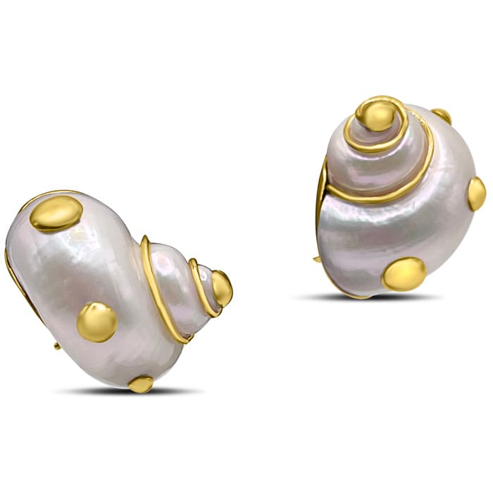 Estate Jewelry 14K Yellow Gold MAZ 24x17mm Conch Shells With Round Gold Embellishments Earrings With Omega Backs