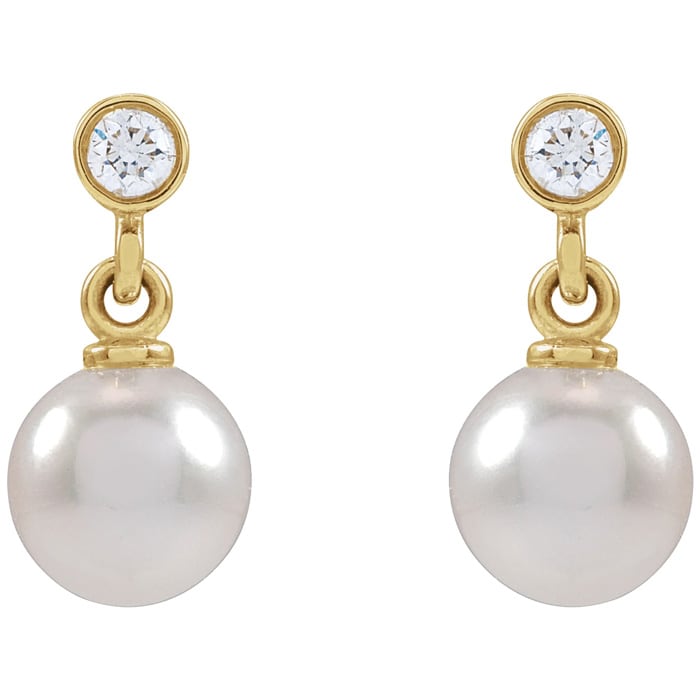 Pearl Drop Earrings With 5MM Akoya Pearls and Diamonds In 14 Karat Yellow Gold, 1/2 Inch