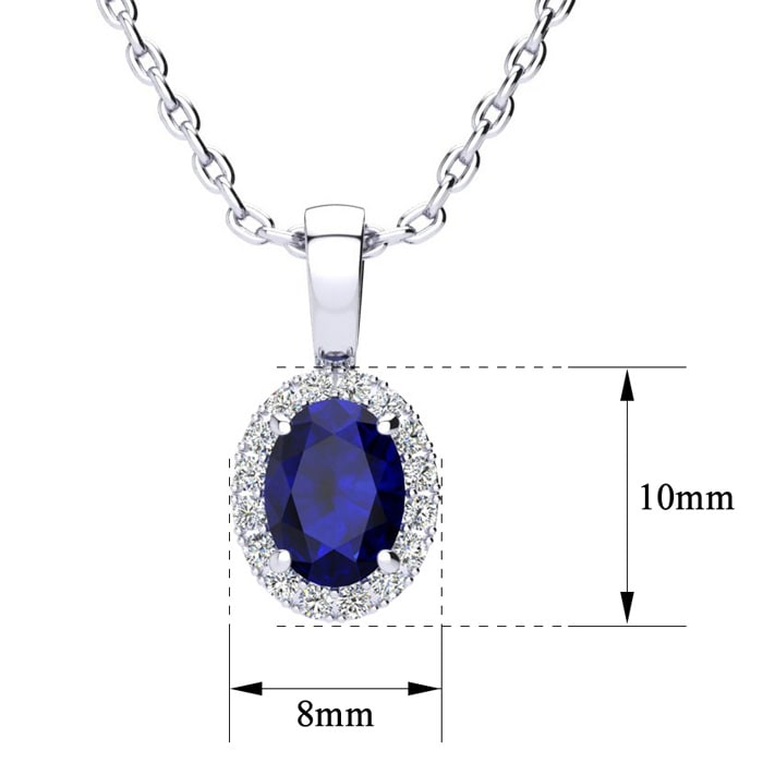 1 Carat Oval Blue Sapphire and Halo Diamond Necklace In Sterling Silver With 18 Inch Chain
