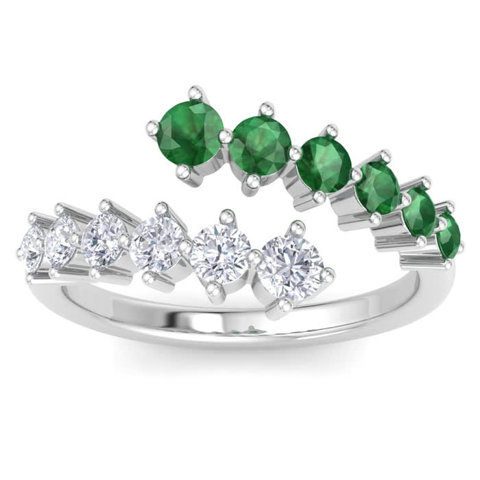 1 Carat Diamond and Emerald Wrap Ring In 14 Karat White Gold