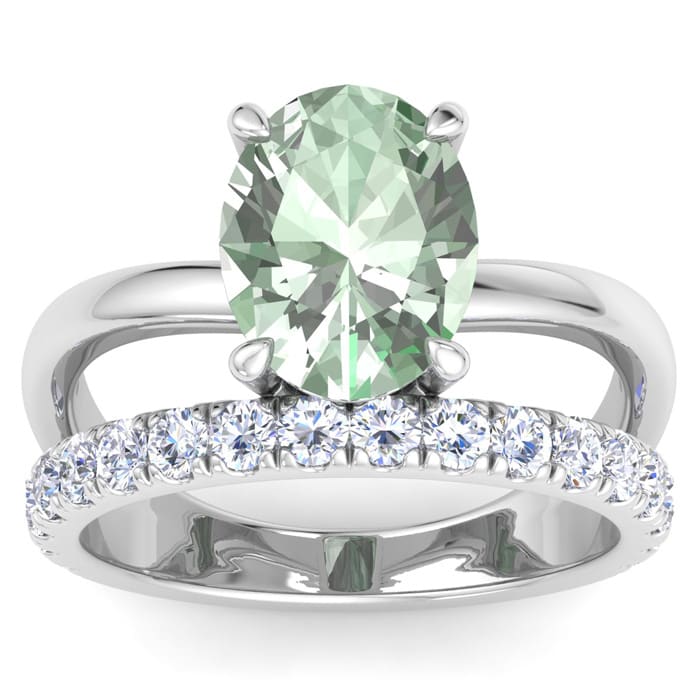 2 3/4 Carat Oval Shape Green Amethyst and Halo Diamond Ring Plus Band In 14 Karat White Gold