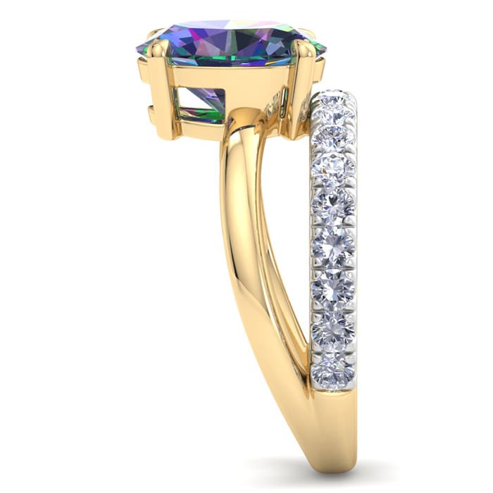 2-3/4 Carat Oval Shape Mystic Topaz Ring Plus Band With Diamond Halo In 14 Karat Yellow Gold