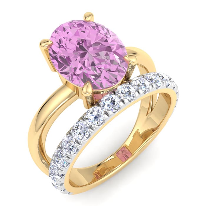 3 3/4 Carat Oval Shape Pink Topaz and Halo Diamond Ring Plus Band In 14 Karat Yellow Gold